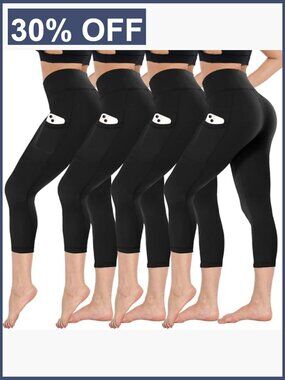 4 Pack High Waisted Capri Leggings Tummy Control Yoga Pants with Pockets